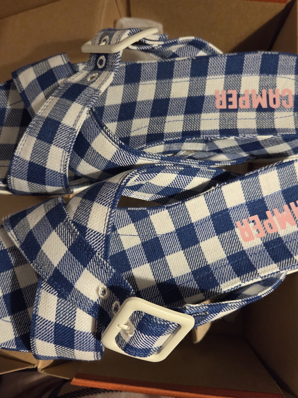 Camper Blue and White Gingham Slide Sandals NWOT